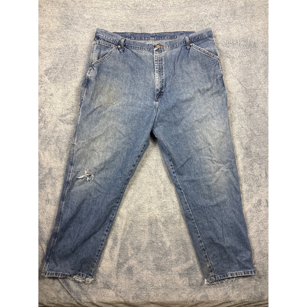 Wrangler Mens 42x32 Blue Carpenter Jeans Distressed Workwear Denim Faded